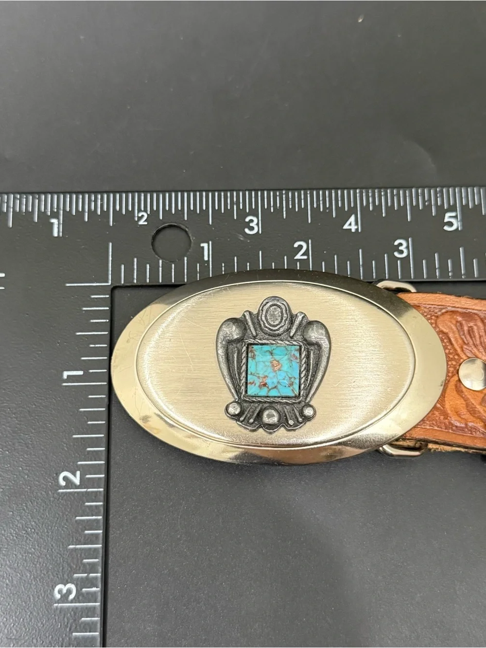 STEERHIDE Grain Bridle Brown Tooled Leather Silver Faux Turquoise Buckle Belt 36